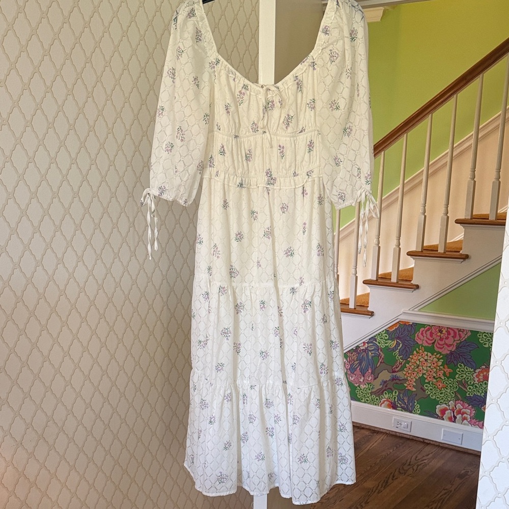 White Floral Tiered Midi Dress